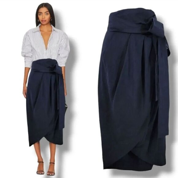 NEW Whit Silk and Linen Blend Tulip Wrap Midi Skirt in Navy Blue Size 4 - Picture 11 of 11